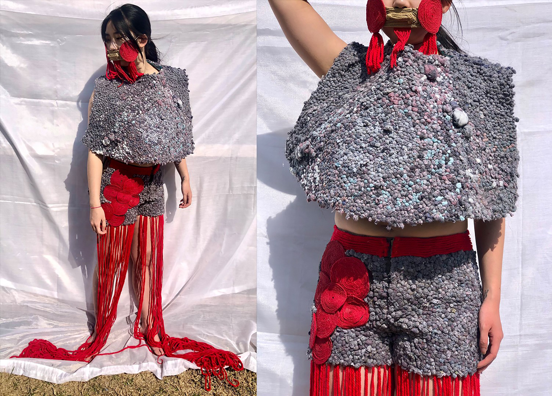 Image of person in fringed garment and mask