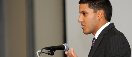 Raj Shah speaks at microphone