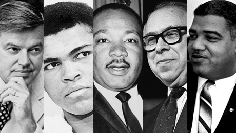 Frank Church, Muhammad Ali, Martin Luther King Jr., Art Buchwald, Whitney Young photos lined up next to each other