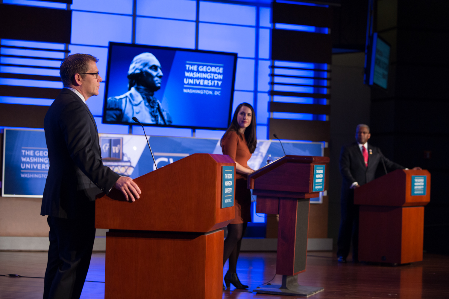 (From left) Jay Carney, Hadas Gold and Allen West at Sunday's #OnlyAtGW debate. (William Atkins/GW Today) 