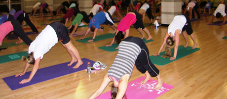 Group of students in yoga class performing downward facing dog on yoga mats