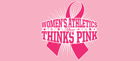 graphical representation of pink breast cancer ribbon, "GW Women's Athletics, Thinks Pink"