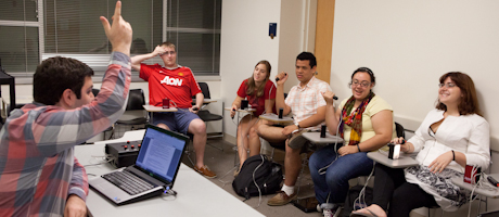 members of the quiz team sit in classroom in preparation