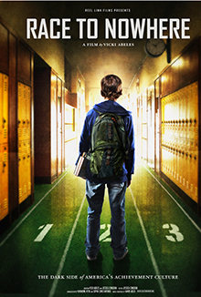 Race to Nowhere movie poster, with back view of male student standing in school hallway with backpack on looking straight ahead