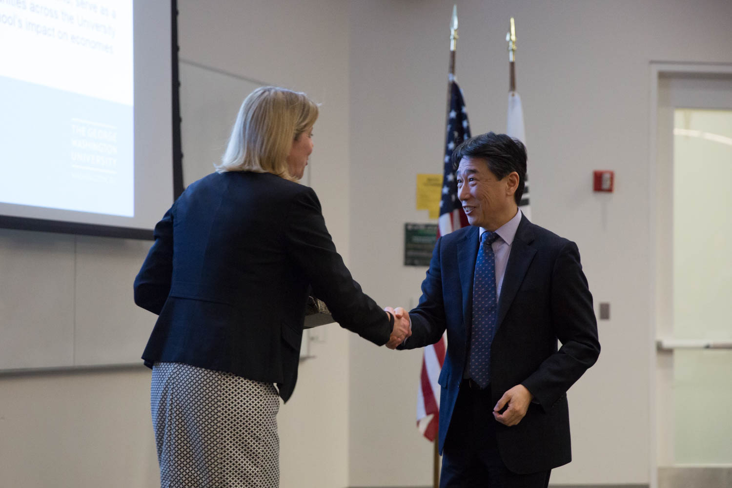 Dean Linda Livingstone welcomes Korean Ambassador to the United Nations Oh Joon.