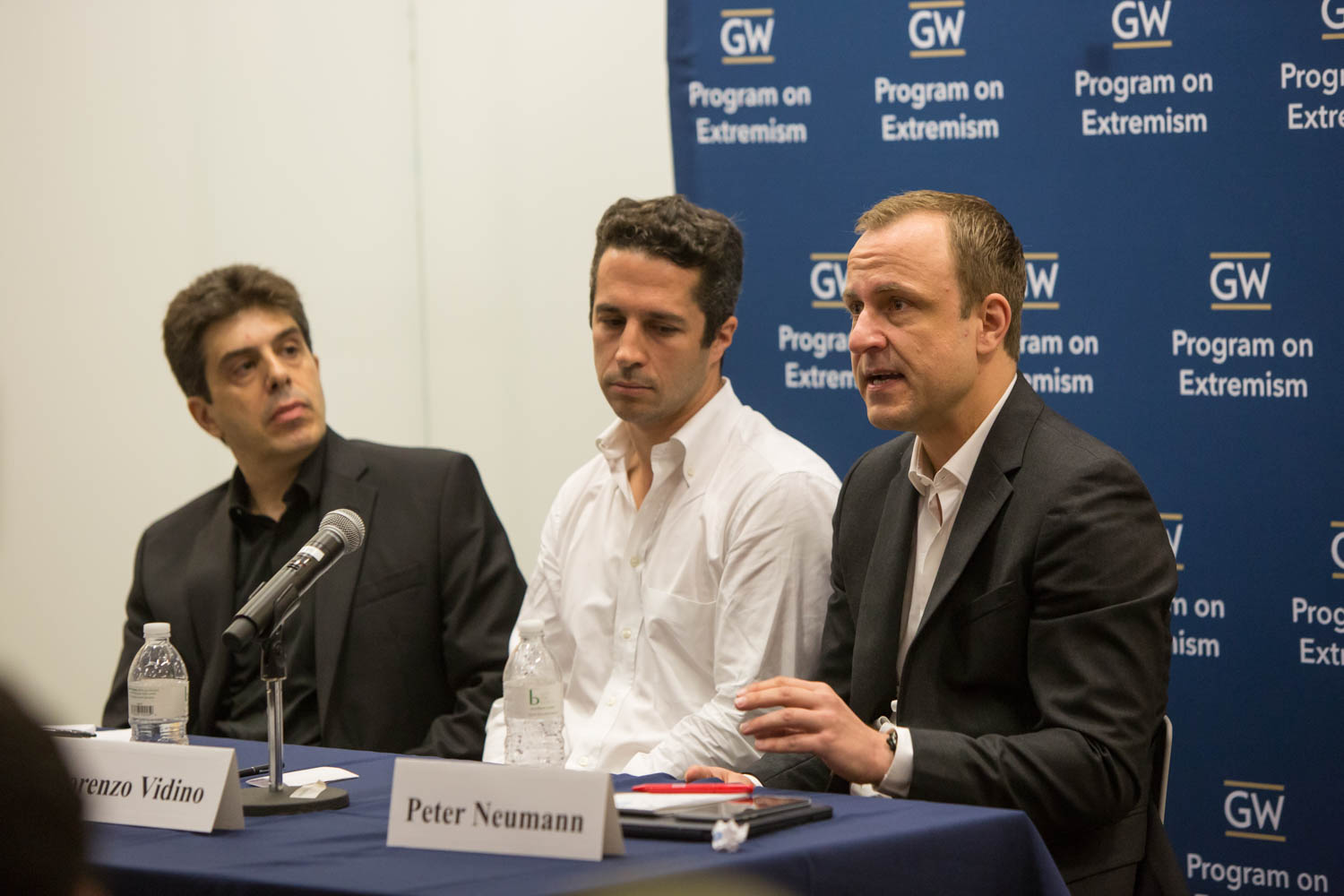 From left, panelists Sebastian Rotella, Lorenzo Vidino and Peter Neumann. (Logan Werlinger/GW Today)
