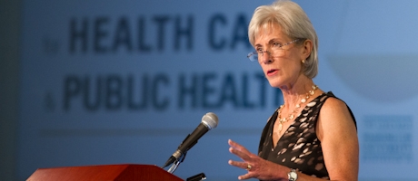 Kathleen Sebelius  at podium speaking to audience