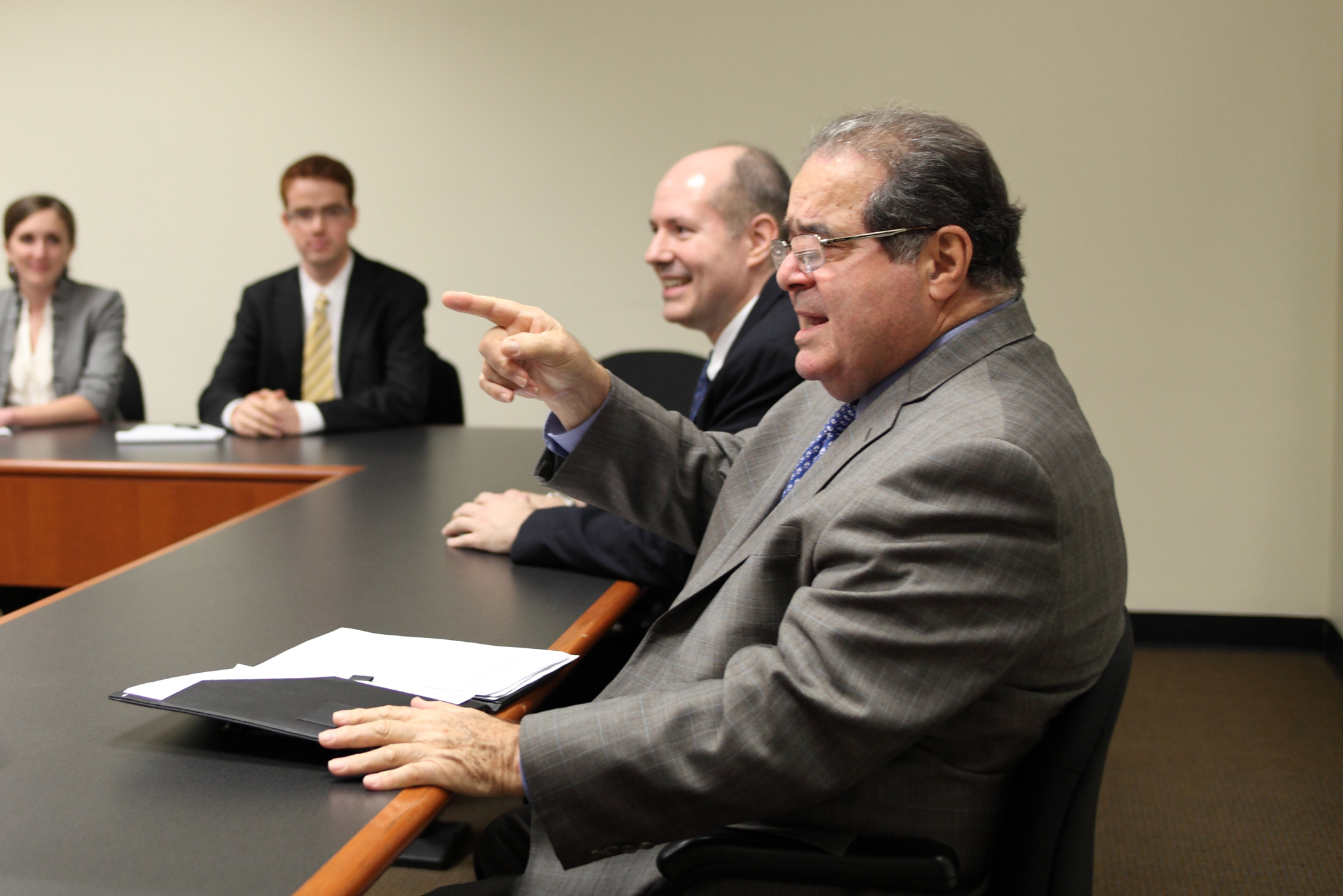 Antonin Scalia, foreground, with Bradford Clark at a symposium at GW Law in 2011. (Photo courtesy GW Law)