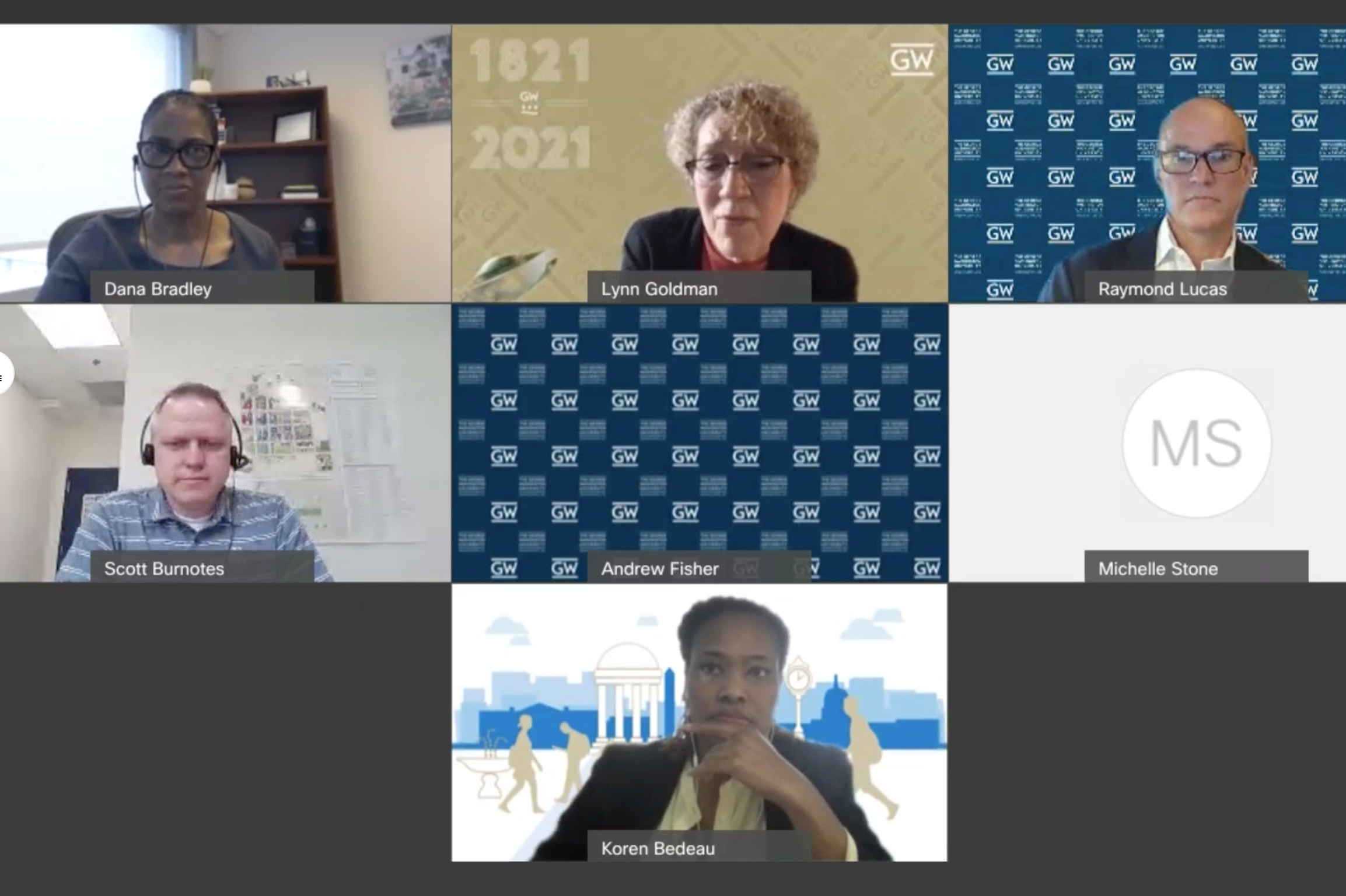 Screenshot of panelists discussing GW's vaccine and testing policy at a virtual forum last Thursday.