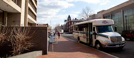 Vern Express shuttle parked outside of Funger Hall