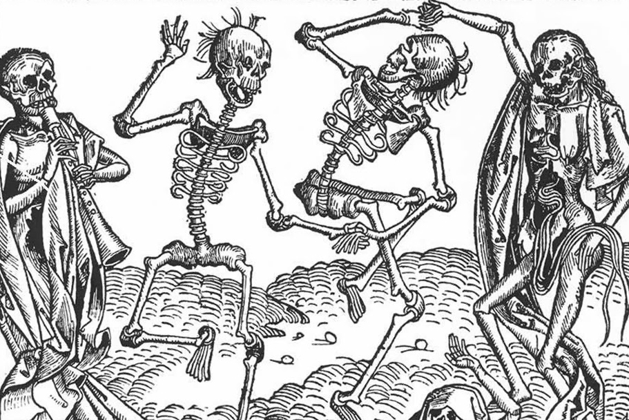 The "Dance of Death" woodcut from 1493, attributed to Michael Wolgemut, suggests that 