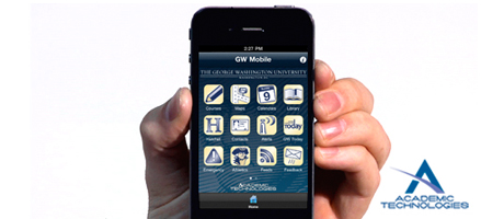 hand holds iPhone with GW mobile app open, Academic Technologies GW mobile 
