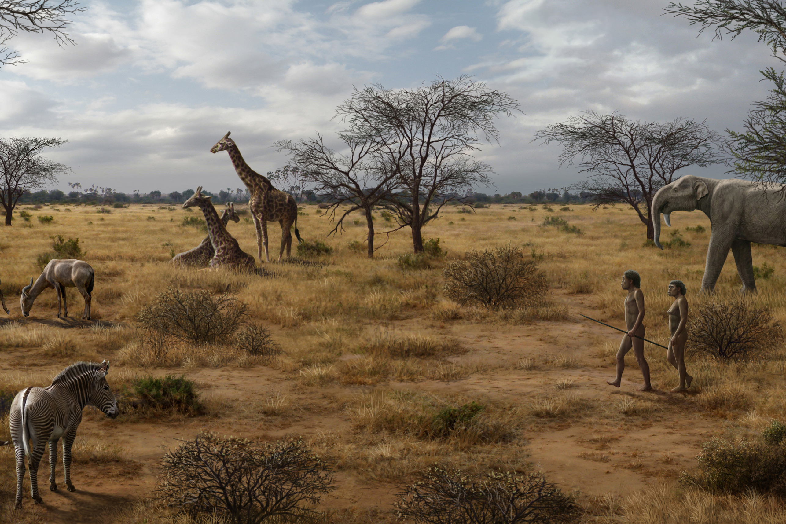 Homo erectus in East Africa surrounded by contemporary fauna 