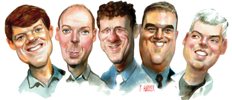 Illustrations of Monkey Cage bloggers John Sides, Erik Voeten, Andrew Gelman, Joshua Tucker and Henry Farrell