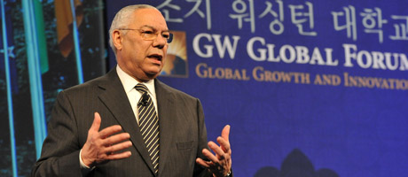 Colin Powell speaks on stage of GW Global Forum: Global Growth and Innovation 