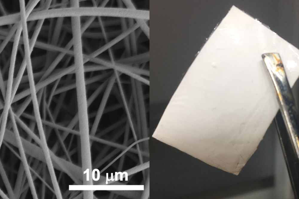 A microscopic (left) and true-to-size view of the nanofibers. (Courtesy Danmeng Shuai)