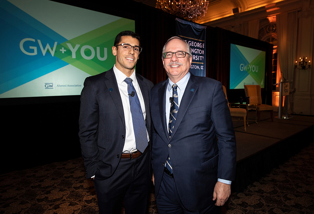  Event moderator Vikram Kuriyan, B.A ’05 and President LeBlanc at GW + You Philadelphia.