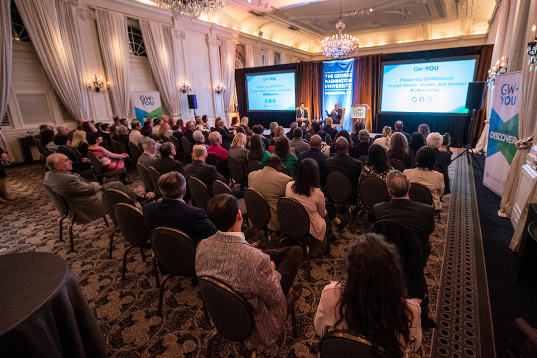 Vikram Kuriyan, B.A ’05 and President LeBlanc speak with the audience during the GW + You Philadelphia program. 
