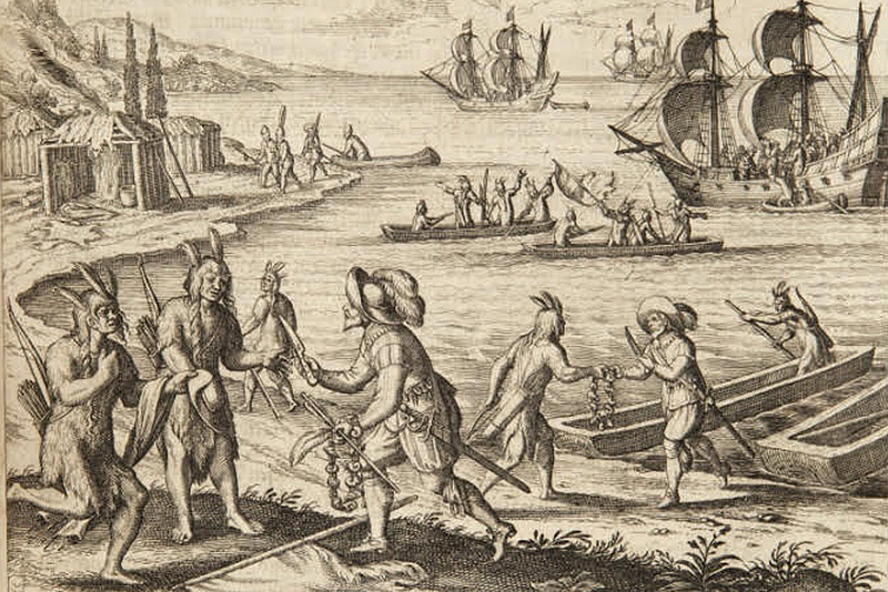 Colonists trade with Wampanoag Indians at Martha’s Vineyard