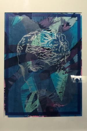 Art piece showing white linework Grecian head on blue background, by Corcoran alumna Beth Hansen