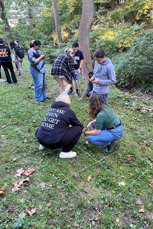 Forensic Sciences students practicing crime scene investigation in a park.