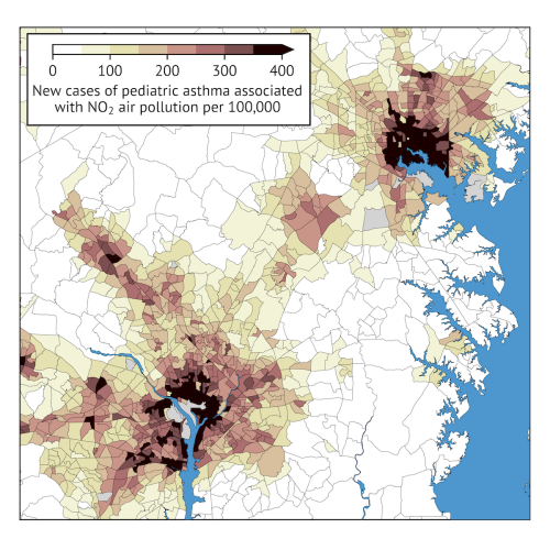 Image showing new cases of pediatric asthma linked to nitrogen dioxide air pollution in the DC and Baltimore region. The dark brown areas indicate the highest number of new cases, which the study linked to neighborhoods with a larger proportionate of marginalized residents. 
