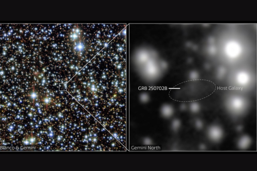 Left, the star field around the host galaxy of GRB 250702B. Right, a close-up view of the host galaxy taken with the Gemini North telescope. 