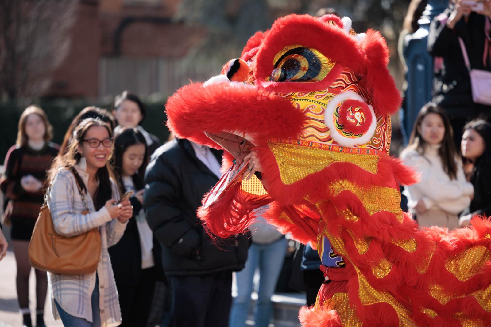 Audience watches a lion dancer perform at GW's Lunar New Year celebration 2023