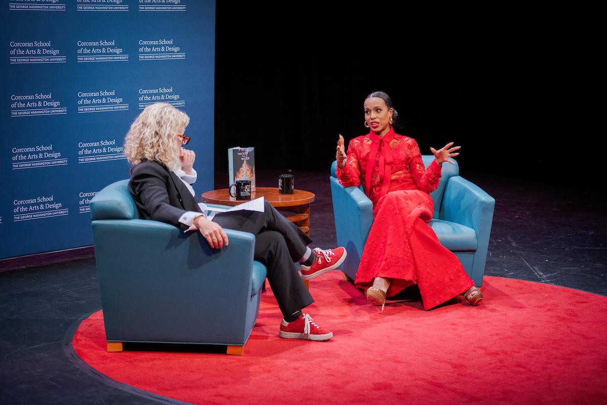 Corcoran Director Lauren Onkey, left, and Washington talked craftsmanship in front of a group of Corcoran students before the star's Lisner Auditorium book event. 