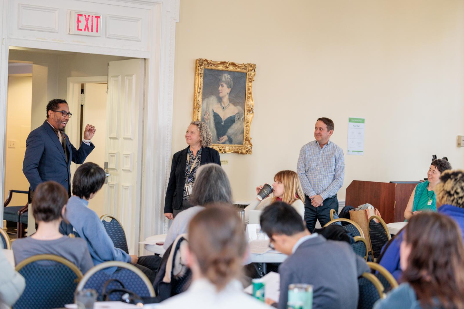 (L to R) Provost Christopher Bracey, VP for Research Pamela Norris and UWP Executive Director Gordon Mantler addressed participants Monday afternoon. (William Atkins/GW Today)