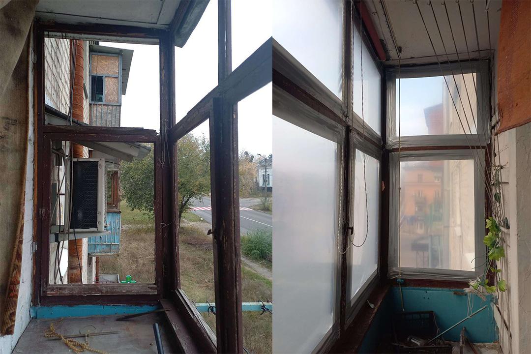 Two photos of windows in Ukraine. On the left are broken windows in a woooden pane. On the right are the same panes with windows replaced.