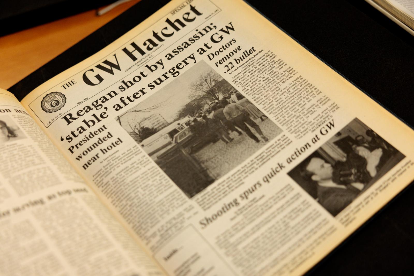 An edition of The GW Hatchet student newspaper following an attempted assassination of U.S. President Ronald Reagan