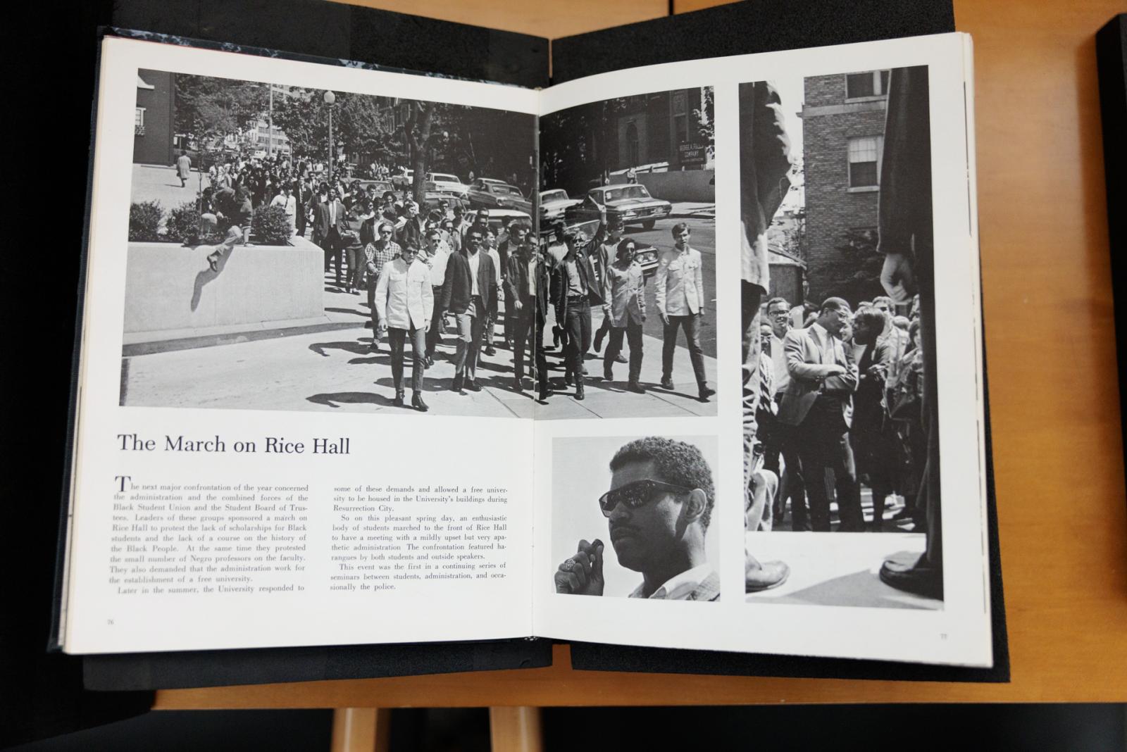 A university publication showing students involved in activism with the headline &quot;The march on Rice Hall&quot;