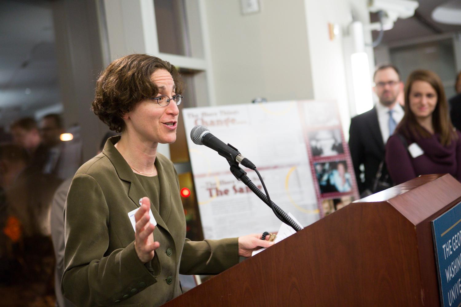 Jennifer King, interim director of special collections, GW Libraries speaks at the reception