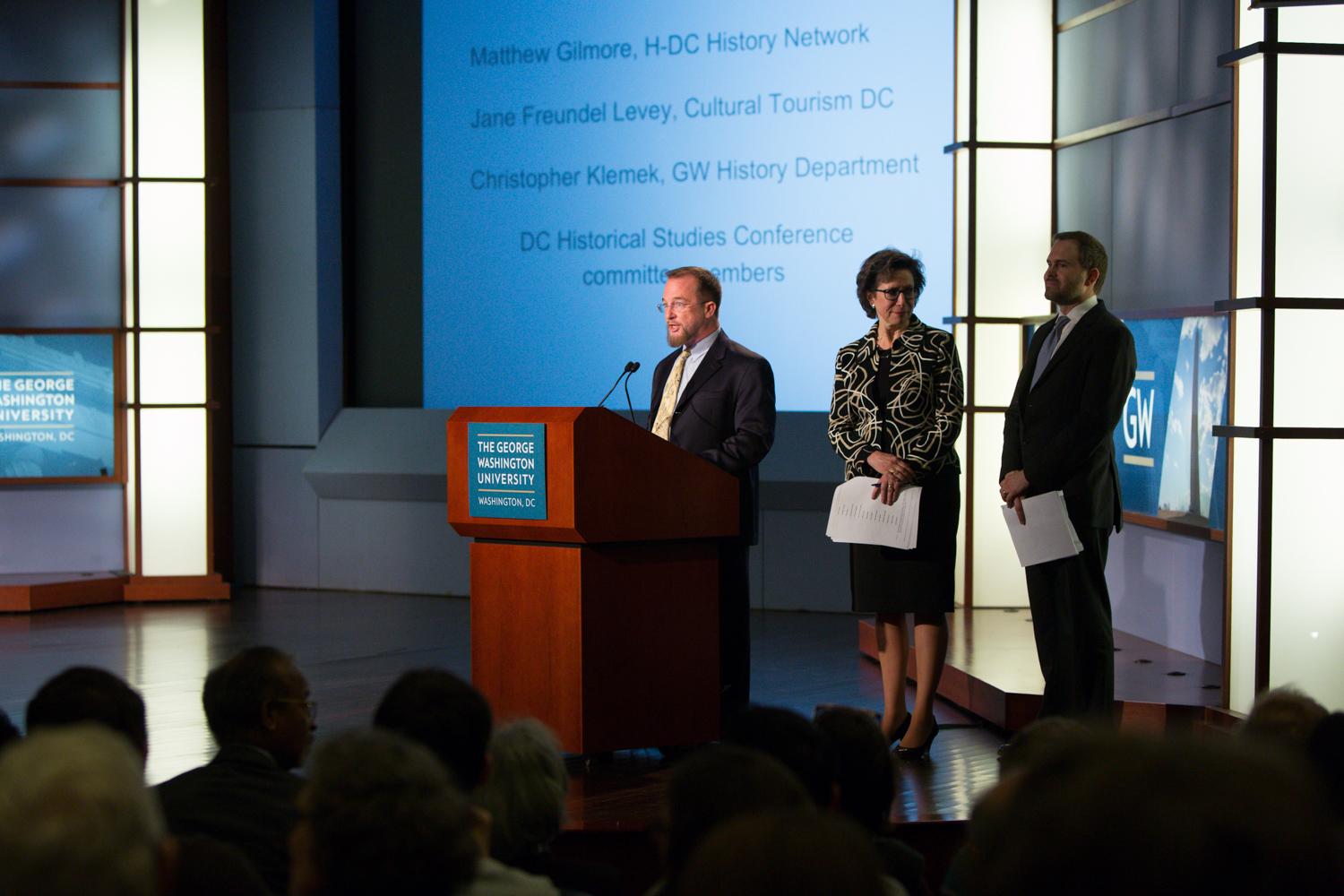Matthew Gilmore, Jane Freundel Levey, and Christopher Klemek remark during the program