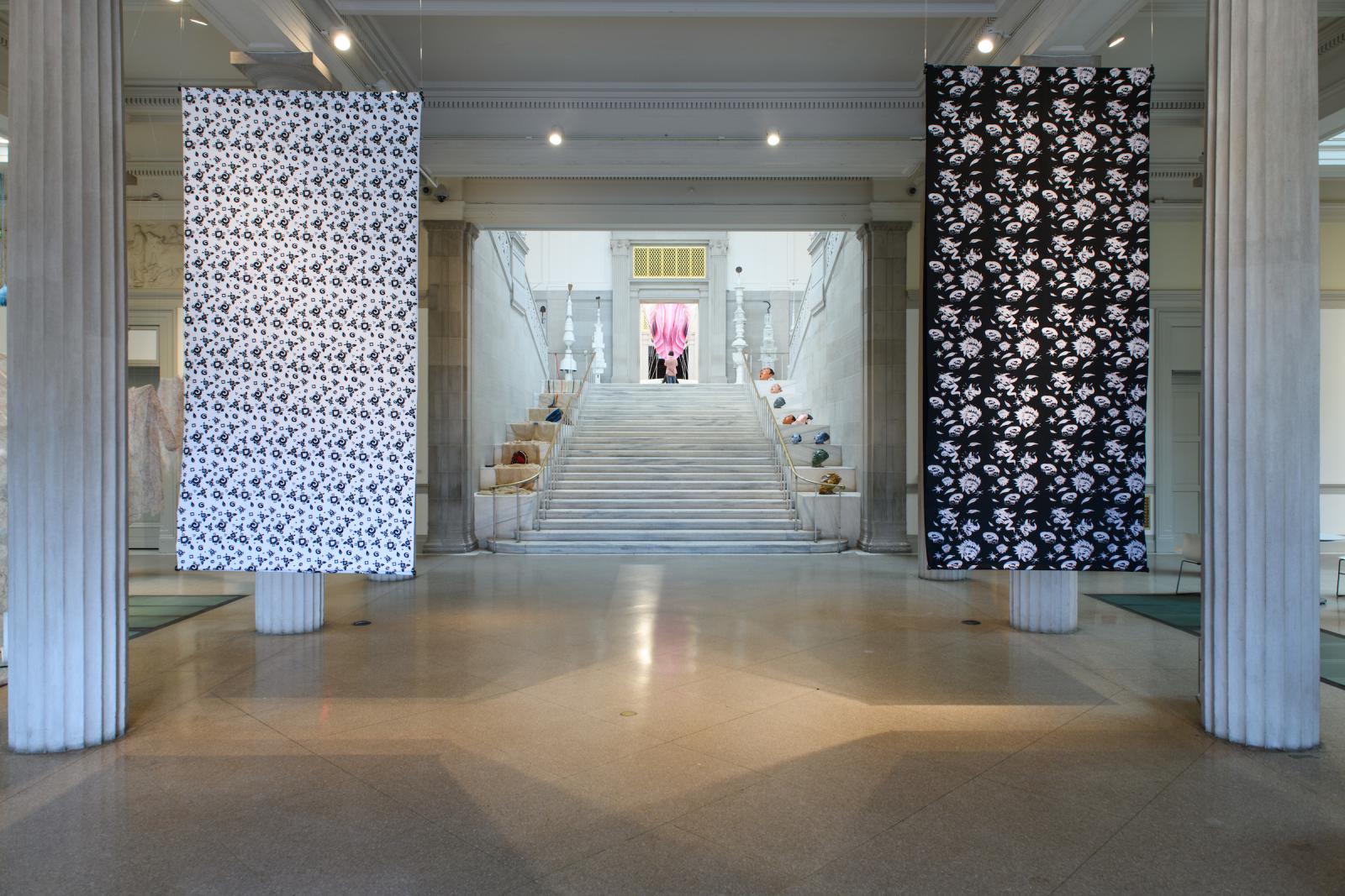 Izia Lee Lindsay - Oceanic 1 and 2, 2018, screen print on fabric, 120 x 60 inches and Mas 1 and 2, screen print on fabric, 120 x