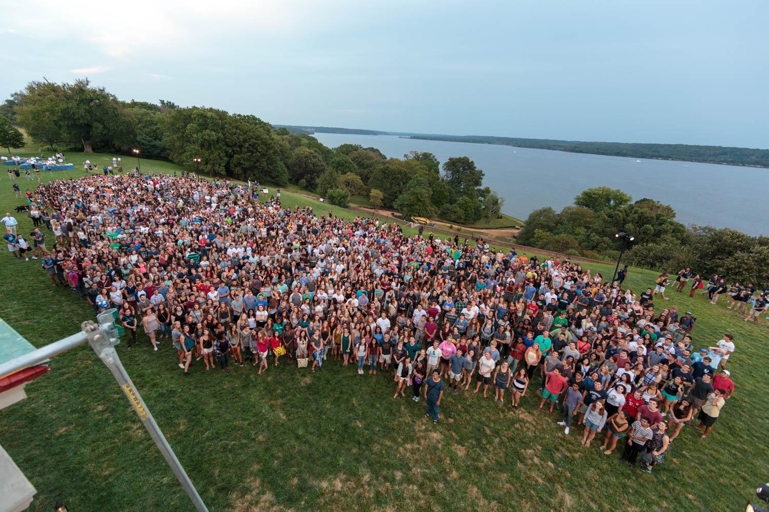 An aerial shot of more than 2,000 students in the Class of 2019 at their First Night celebration.