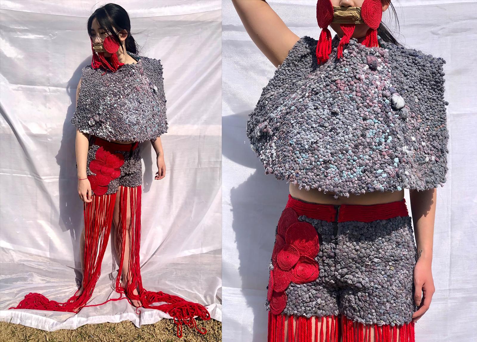 Image of person in fringed garment and mask