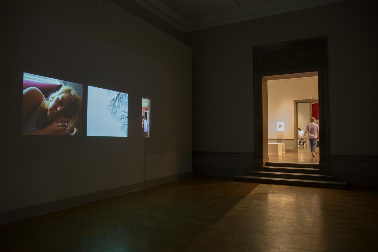 Images are projected onto the wall of a darkened room.