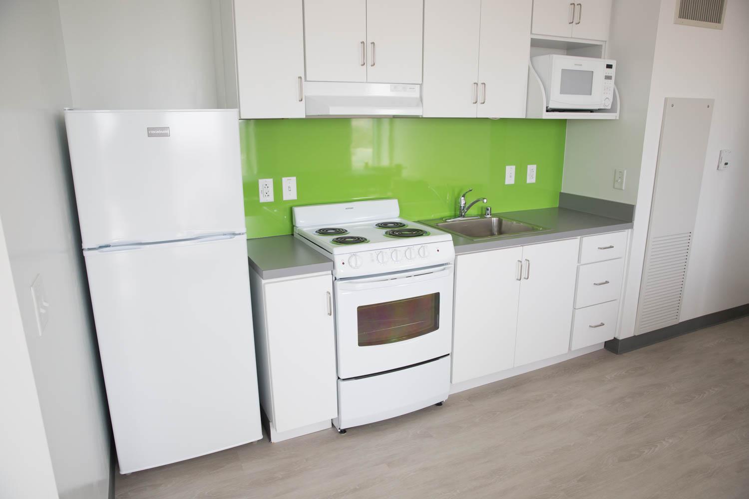 kitchen including fridge, counters and cabinets, stove and oven, microwave