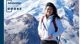Serena Wong in the mountains with Open Doors text