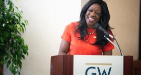 GW Law Dean Dayna Bowen Matthew spoke at the installation of three endowed professors last week. (Liz Lynch)