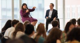  Artealia Gilliard and Frank Sesno discuss electric vehicles at the Planet Forward Summit. 