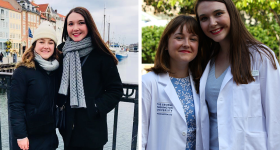 Sarah Schmitt, left, and Alexandra Mandel in Amsterdam in 2018 and at GW in 2022. 