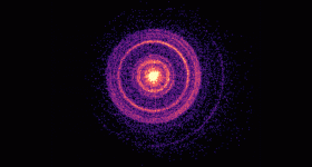 X-rays from the initial flash of GRB 221009A could be detected for weeks as dust in the galaxy scattered the light back to observers, resulting in the appearance of a set of expanding rings. Images captured over 12 days by the X-ray Telescope aboard NASA’s Neil Gehrels Swift Observatory were combined to make this .gif, shown here in arbitrary colors. (NASA/Swift/A. Beardmore, University of Leicester)