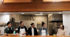 From left, panelists Caleb Jang, Bodhi Vasilopoulos, Alexis Dickerson and Zí Proctor discuss the culinary use of acorns with M.F.A. student Shawn Shafner. 