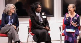 Wendy Wagner, Mary Brown and Phyllis Mentzell Ryder discussed mutually empowering partnerships between people from academic and community institutions. (William Atkins/GW Today)