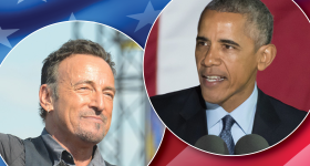 Bruce Springsteen (left) and Barack Obama (right) with flag background