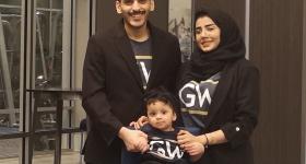 Mohamad Alahdal, Rahaf Alamoudi and their daughter Ayla sporting GW gear. (Courtesy Rahaf Alamoudi)