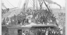 1850s back & white illustration of a overcrowded ship on the ocean